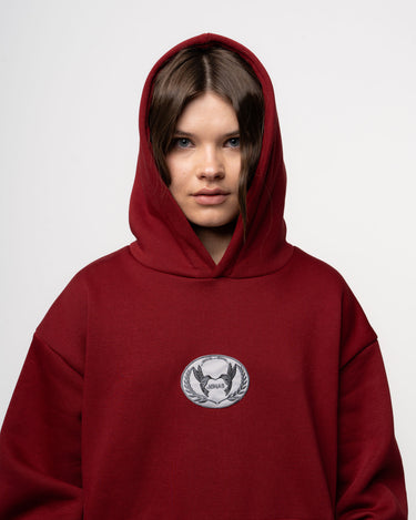 dettaglio-cappuccio-felpa-bordeaux-oversize-con-patch-con-logo-ricamato-colibri-jonas-clothing
